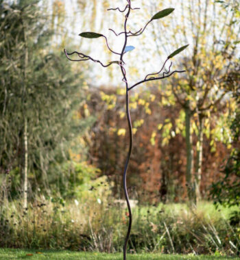 Birdfeeder-tree-with-oval-leaves-rustic-and-stainless-steel-sculptural-birdfeeding-station-by-Mark-Reed-e1630620964978